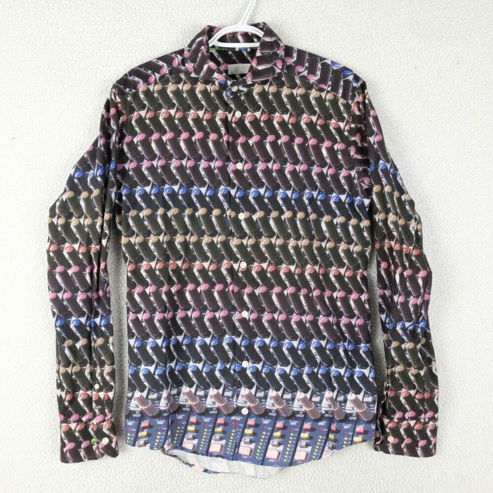 Eton Shirt Mens 40 M Slim Black Audio DJ All Over Print Long Sleeve Button Up